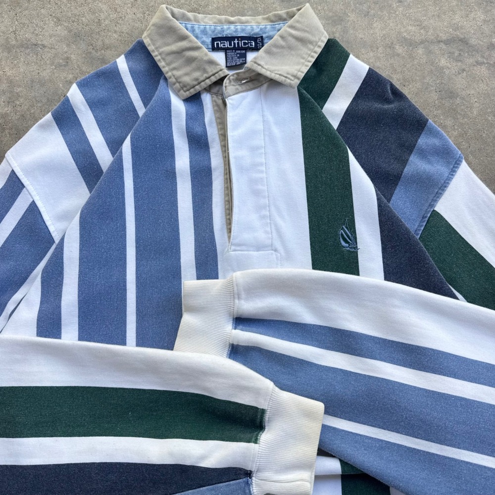 Vintage 90s Nautica Striped Rugby Shirt Polo Style Blue Green XL (f5)